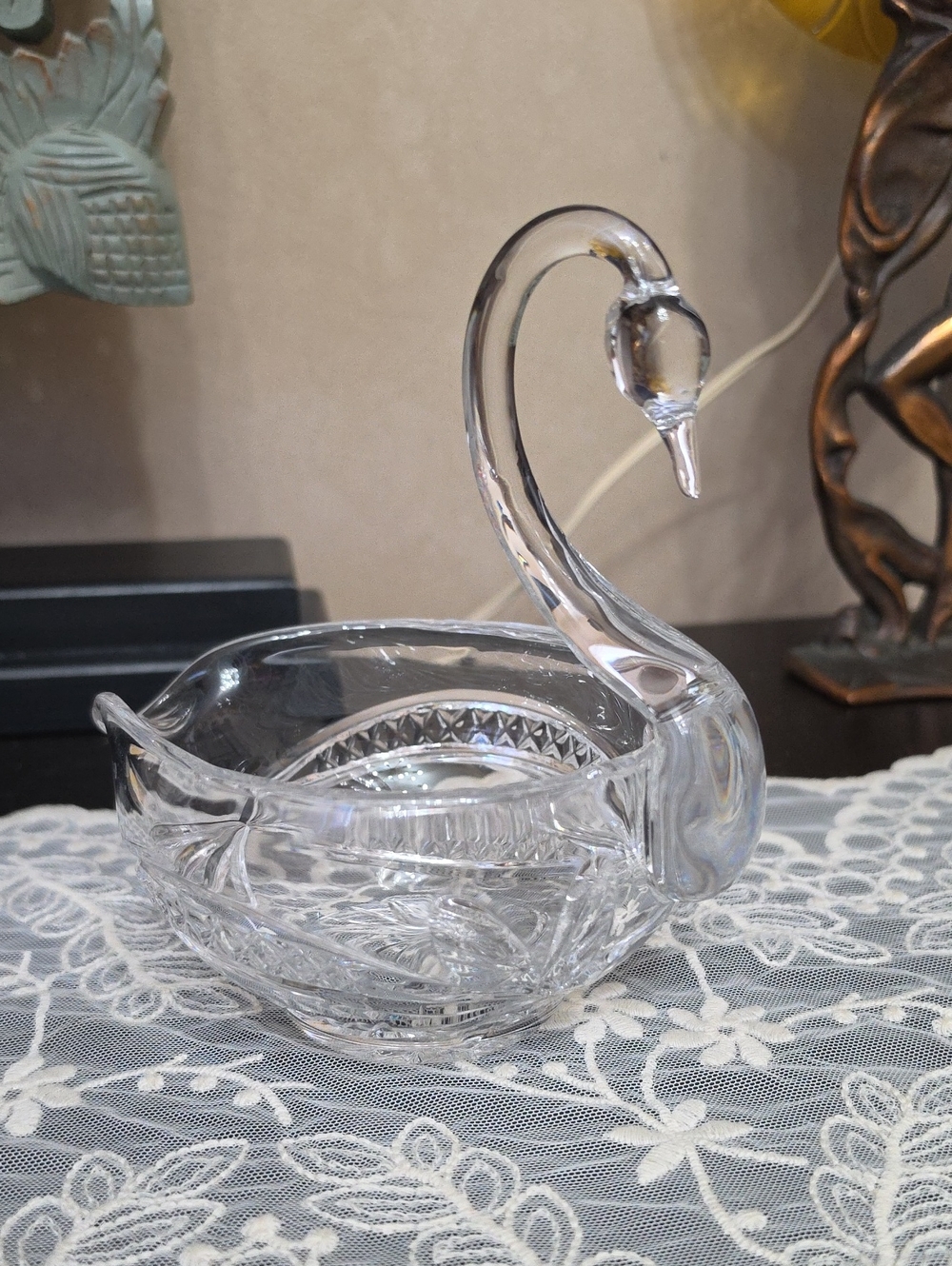 Vtg Italian Crystal Swan Glass Bowl - Clear Decorative Home Art